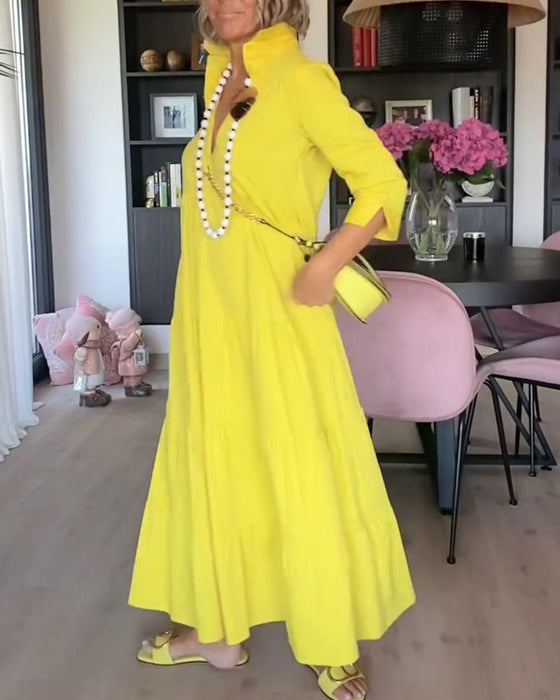 Casual enfärgad klänning med lapelficka och patchwork