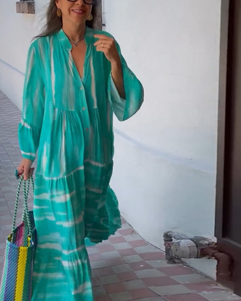Casual V-ringad lös lång klänning med utsvängda ärmar