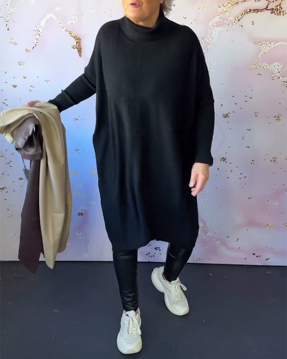 Casual enfärgad långärmad tröja med hög krage