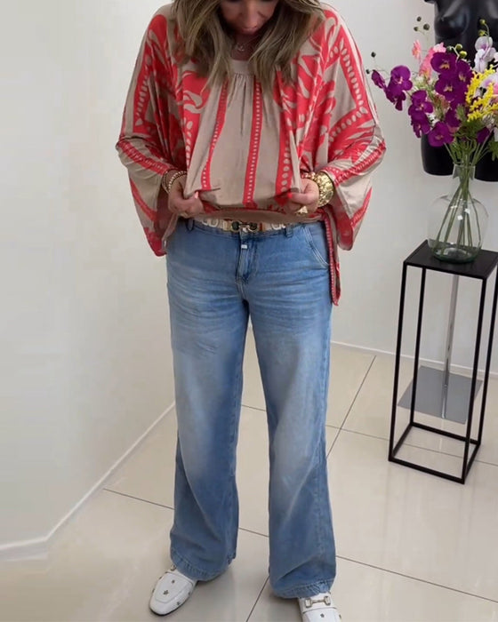 Långärmad avslappnad topp med rund hals med tryck