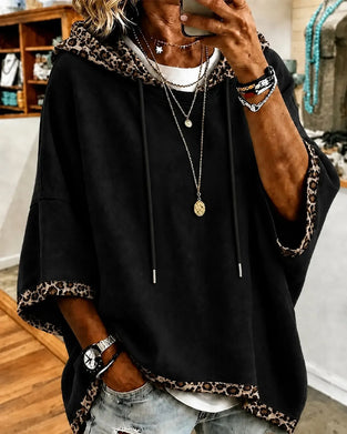 Hoodie Leopardmönster Lapptäcke Med Huva 3/4 Ärm