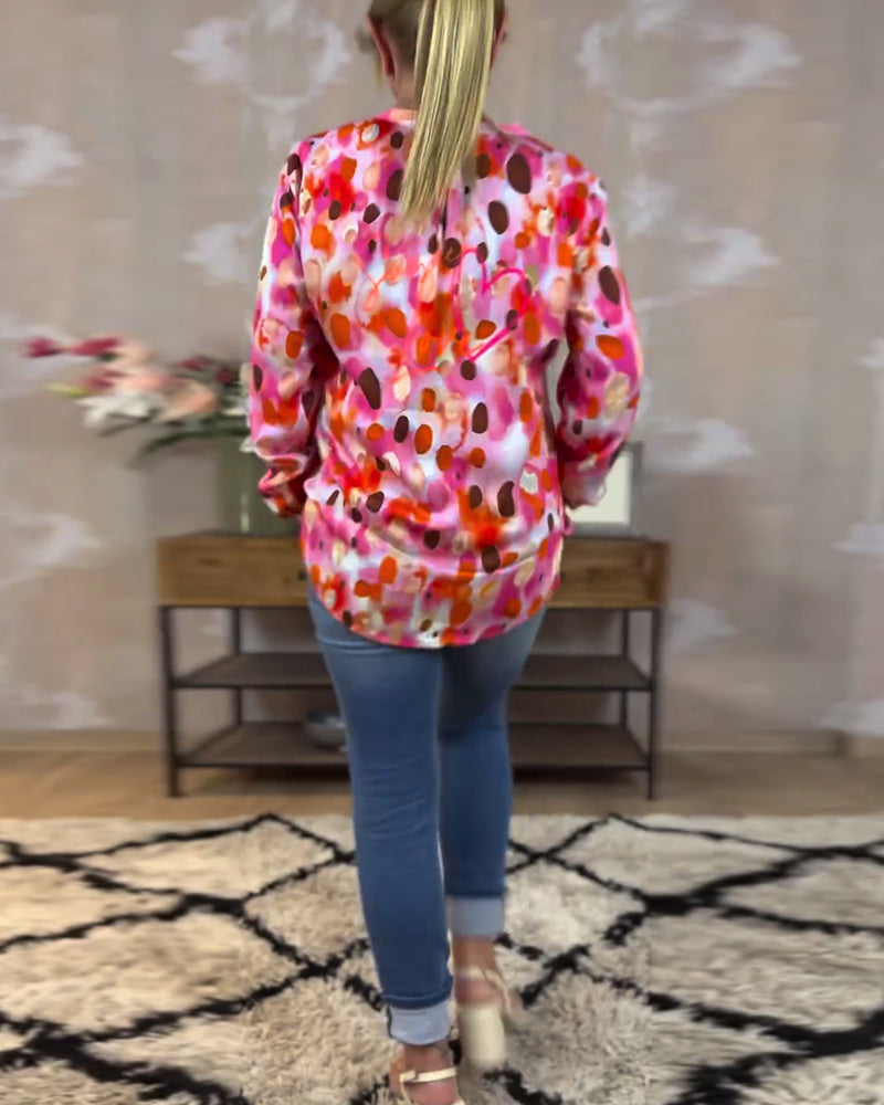 Färgglad tryckt modeblus med V-ringad långärmad