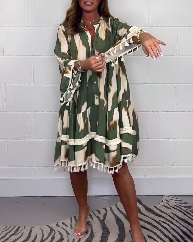 Fritidsklänning med fransar i vintagetryck