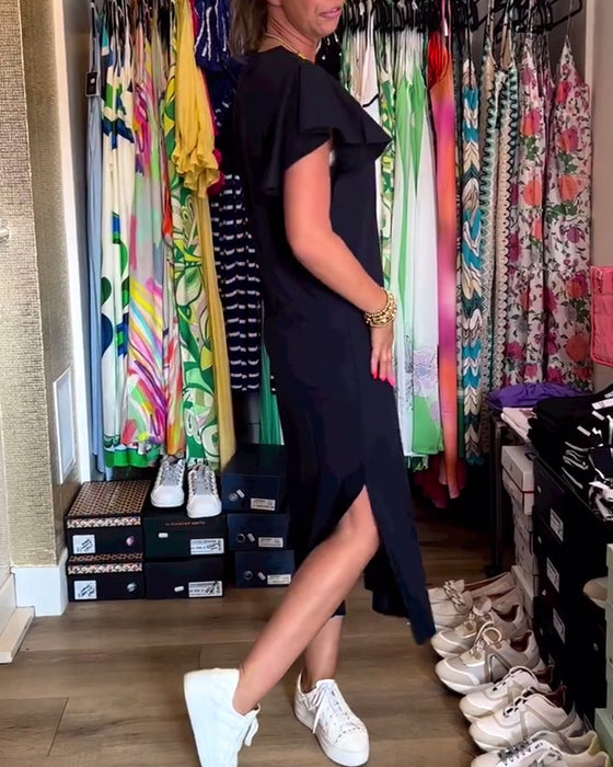 Fritidsklänning med volang ärm med bokstavstryck