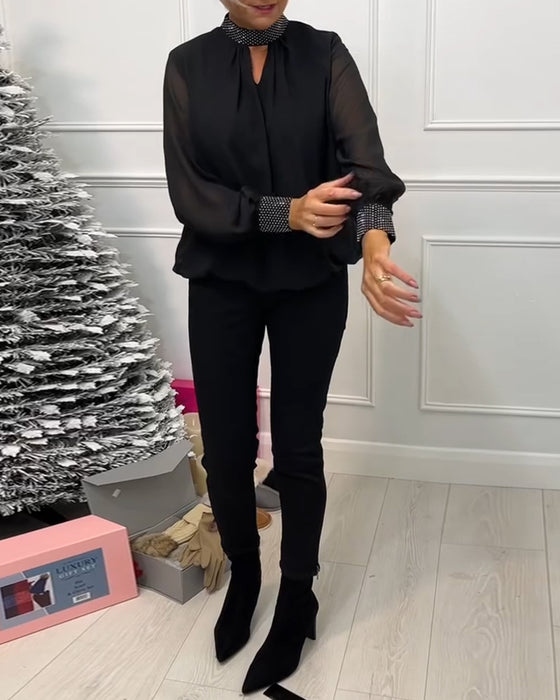 Moderiktig enfärgad blus med stativ krage patchwork och ihålig