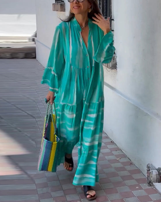 Casual V-ringad lös lång klänning med utsvängda ärmar