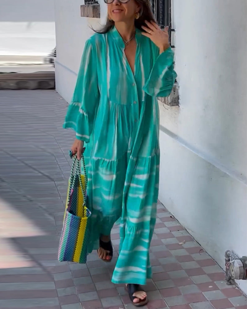 Casual V-ringad lös lång klänning med utsvängda ärmar