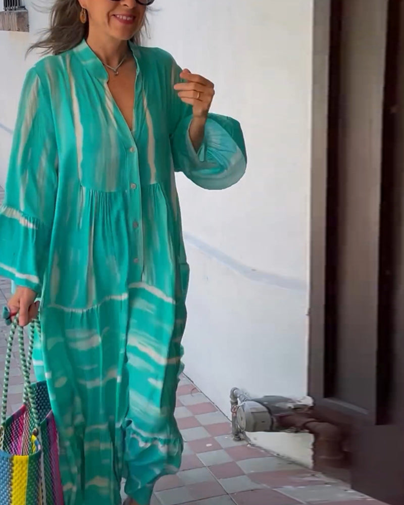 Casual V-ringad lös lång klänning med utsvängda ärmar