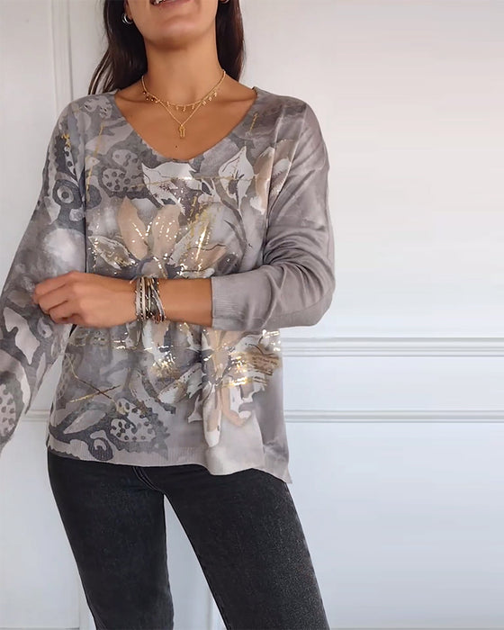 Långärmad topp med V-ringad vintage med blommigt tryck