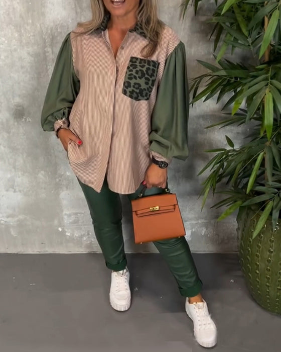 Lapel lantern ärm leopardmönstrad skjorta
