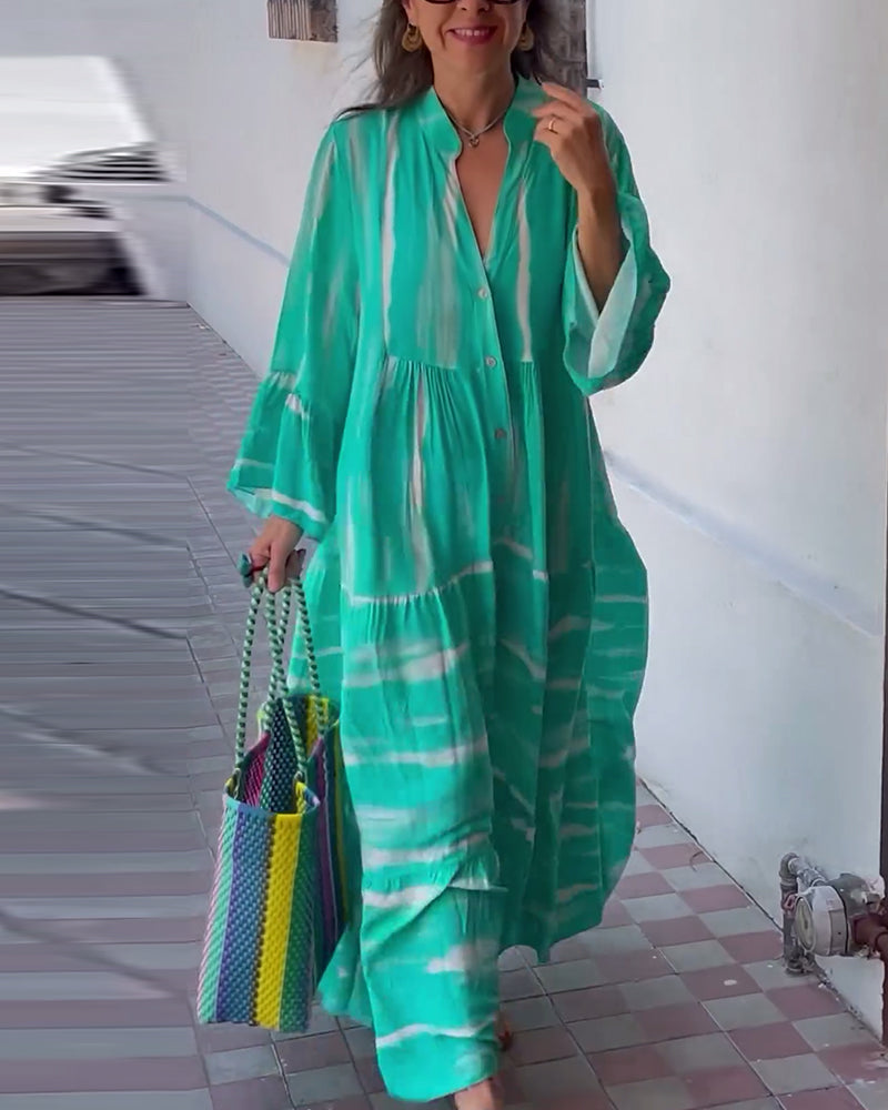 Casual V-ringad lös lång klänning med utsvängda ärmar