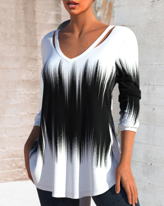 Långärmad topp med Ombre-tryck och v-ringad hals
