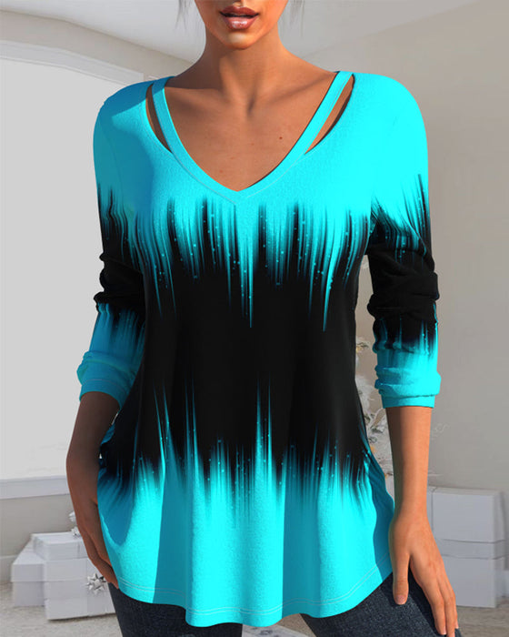 Långärmad topp med Ombre-tryck och v-ringad hals