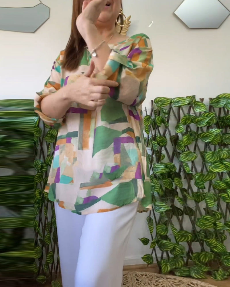 Färgblock patchwork V-ringad casual topp