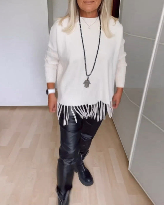 Enfärgad Avslappnad tröja med fransar