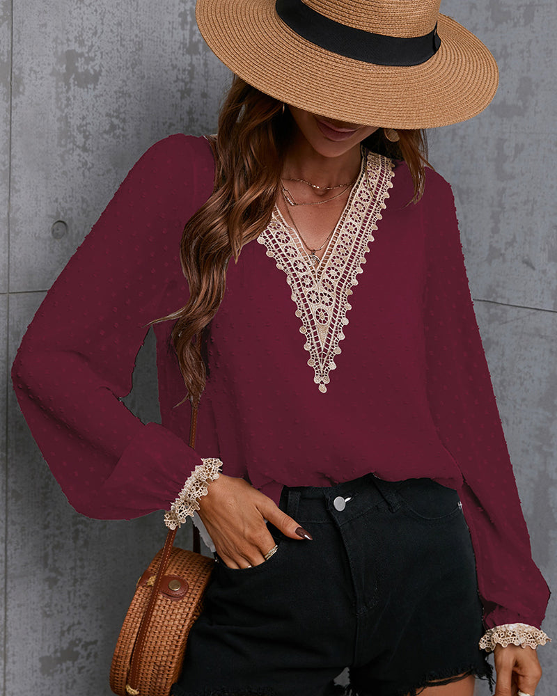 Enfärgad långärmad blusar med spets