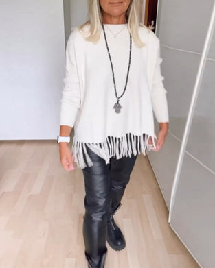 Enfärgad Avslappnad tröja med fransar