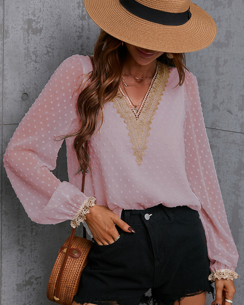 Enfärgad långärmad blusar med spets