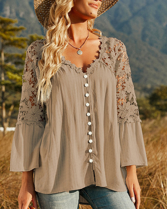 Långärmad Enfärgad Blus med Spetspanel