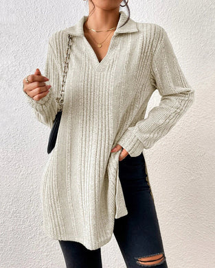 Ribbstickad enfärgad lapel topp