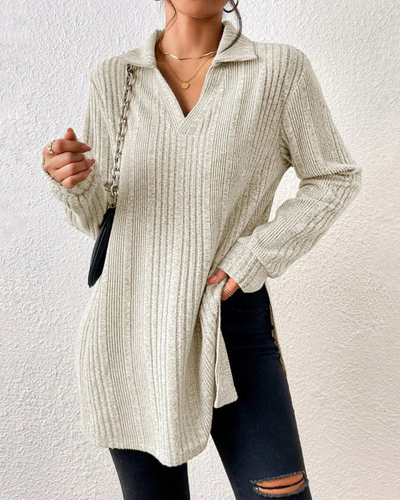 Ribbstickad enfärgad lapel topp