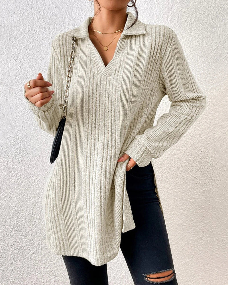 Ribbstickad enfärgad lapel topp