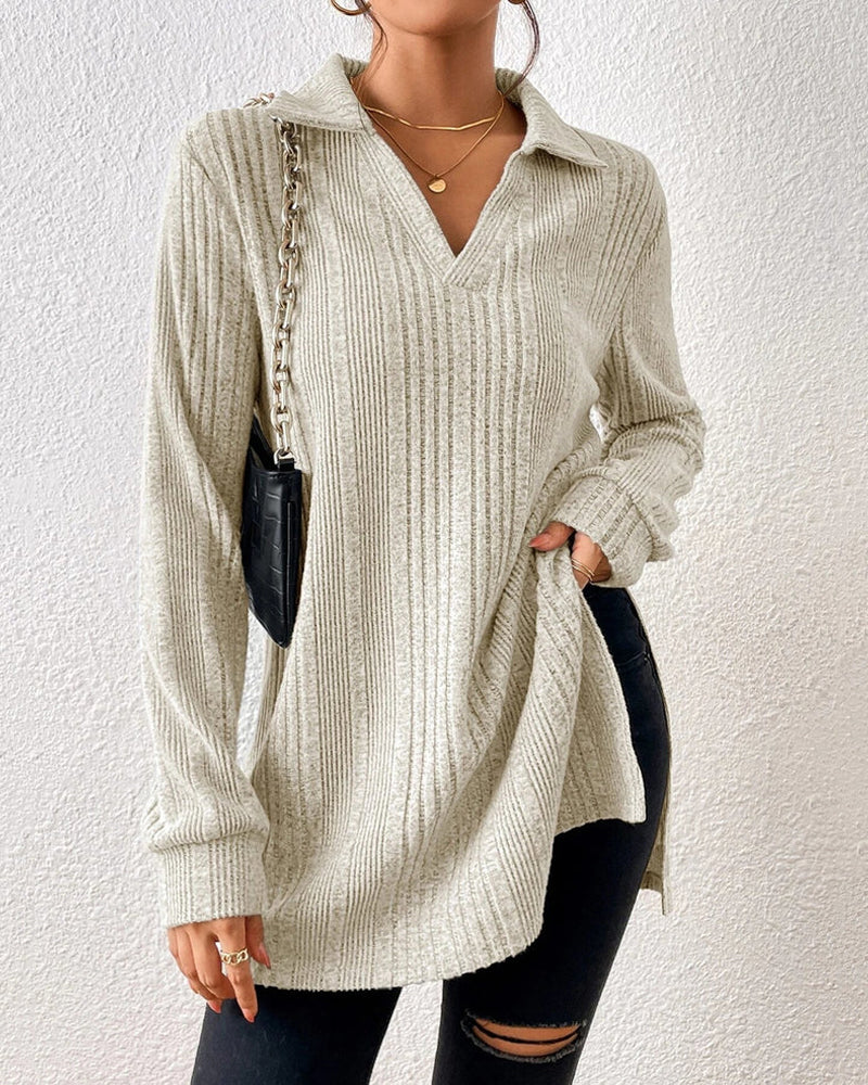 Ribbstickad enfärgad lapel topp
