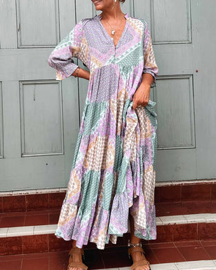 Färgblocktryck Klänning med 3/4 ärmar