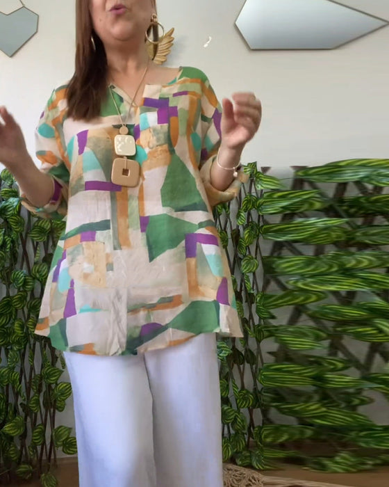 Färgblock patchwork V-ringad casual topp