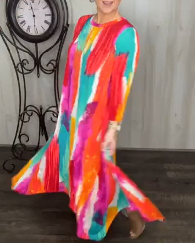 Färgglad, rund halsad ledig klänning med tryck