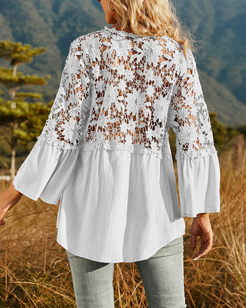 Långärmad Enfärgad Blus med Spetspanel