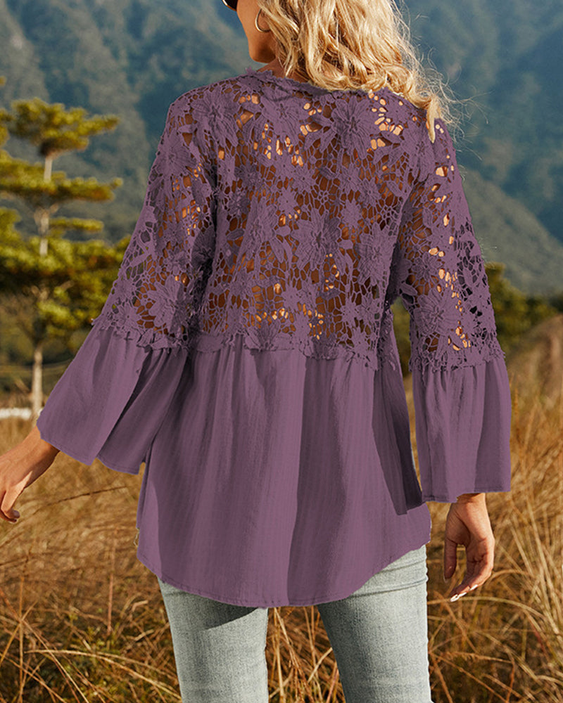 Långärmad Enfärgad Blus med Spetspanel