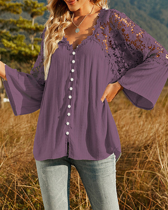 Långärmad Enfärgad Blus med Spetspanel