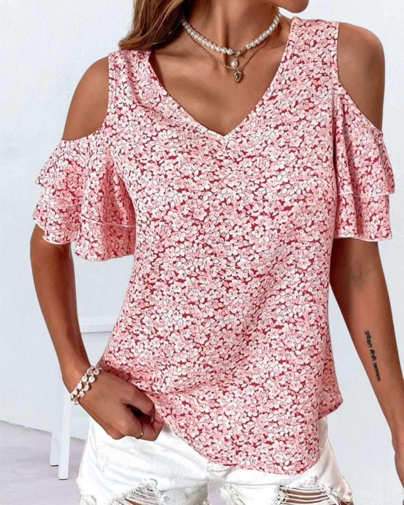 T-shirt med blommönster med kall axel