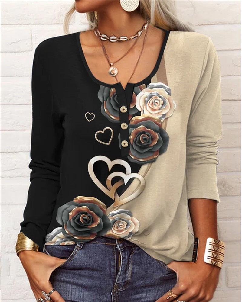 Långärmad U-ringad Topp med Knappar