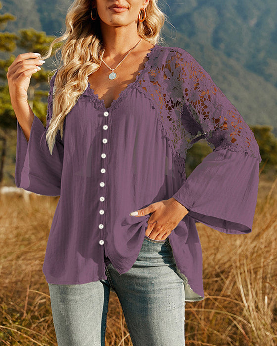 Långärmad Enfärgad Blus med Spetspanel