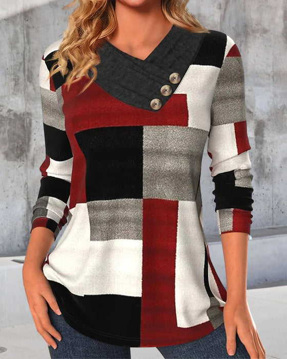 Färgblockad V-ringad långärmad topp