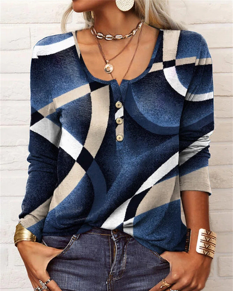 Långärmad U-ringad Topp med Knappar