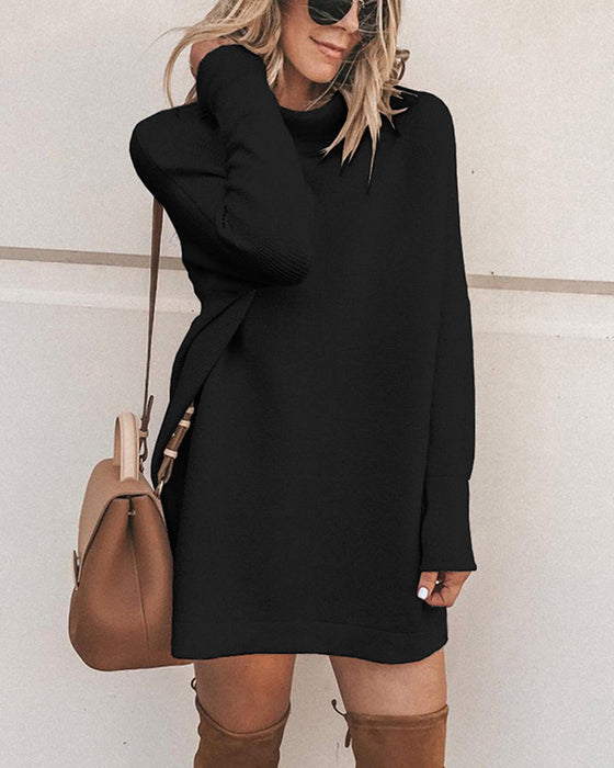Enfärgad Casual Lös Klänning med Hög hals