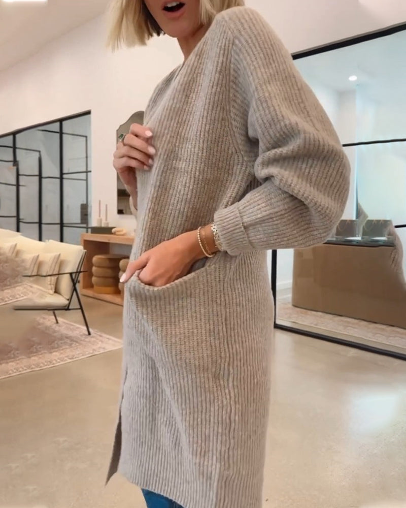 Enfärgad Elegant Cardigan Med Fickor