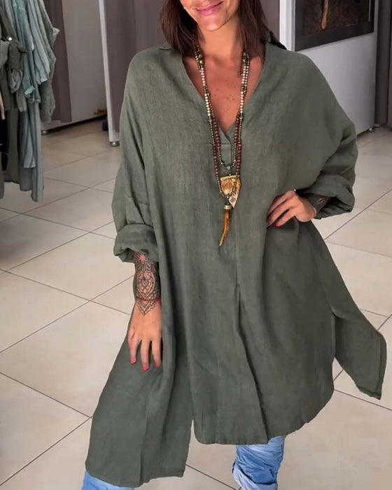 Lång topp i bomull och linne med oregelbunden fåll