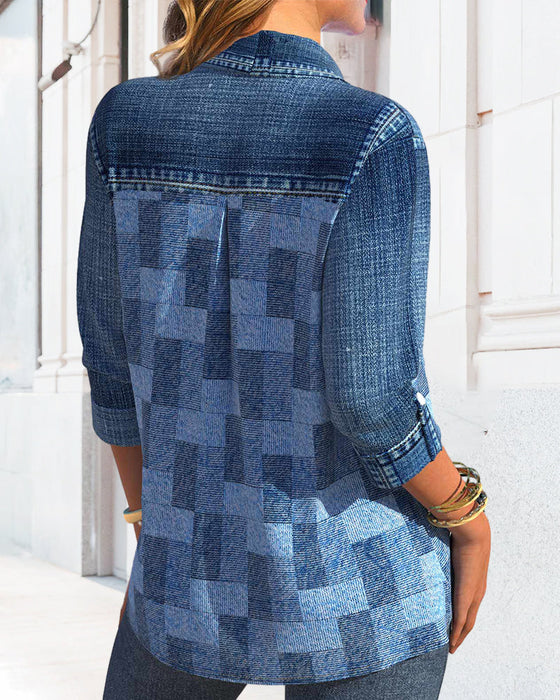 Långärmad blus med jeanseffekttryck