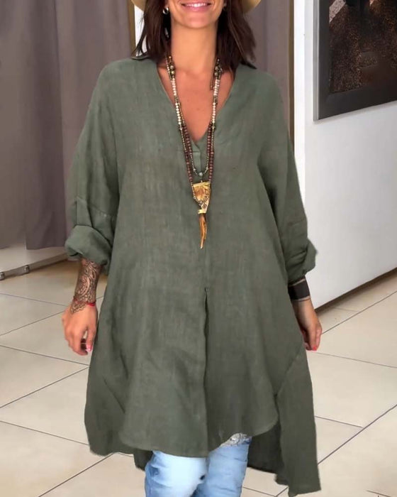 Lång topp i bomull och linne med oregelbunden fåll