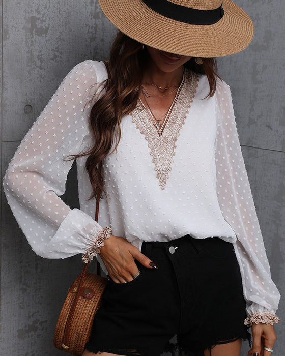 Enfärgad långärmad blusar med spets