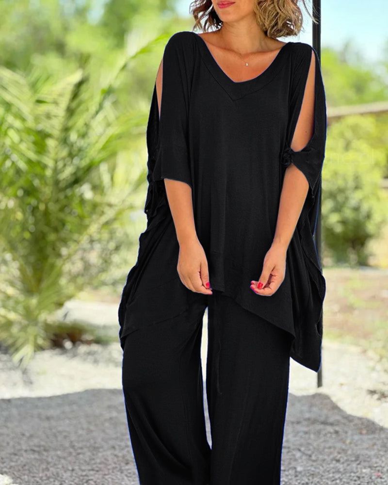 Enfärgade tvådelade set med halva ärmar