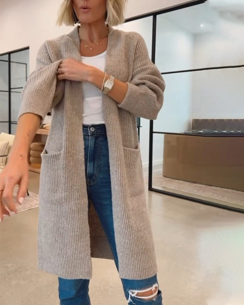 Enfärgad Elegant Cardigan Med Fickor