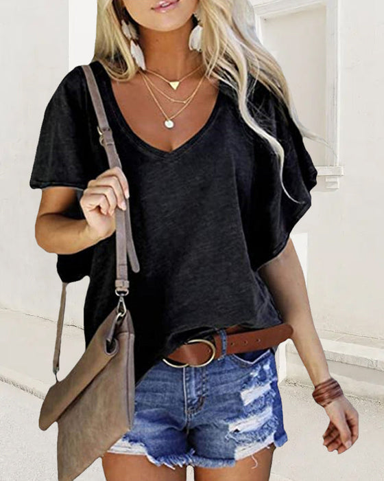 Enfärgad T-shirt med volangärmar