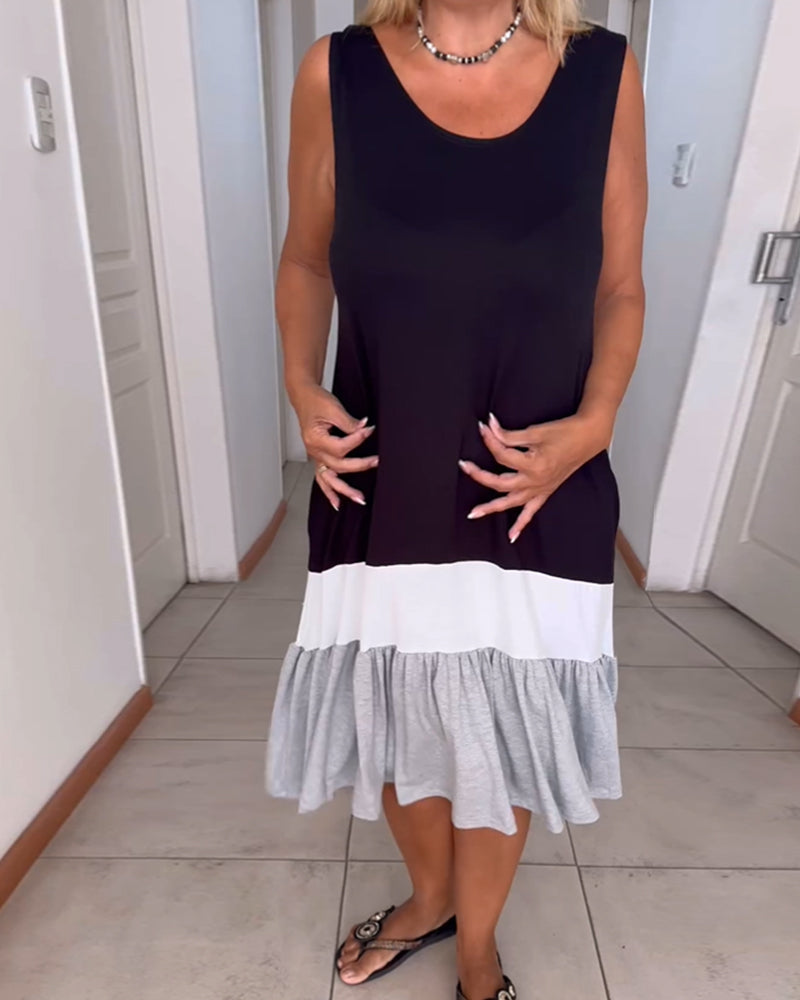 Färgblockerad ärmlös klänning med rund halsringning