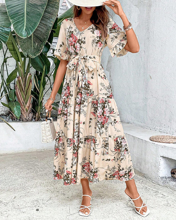 Klänning med romantisk midja med tryck för kvinnor