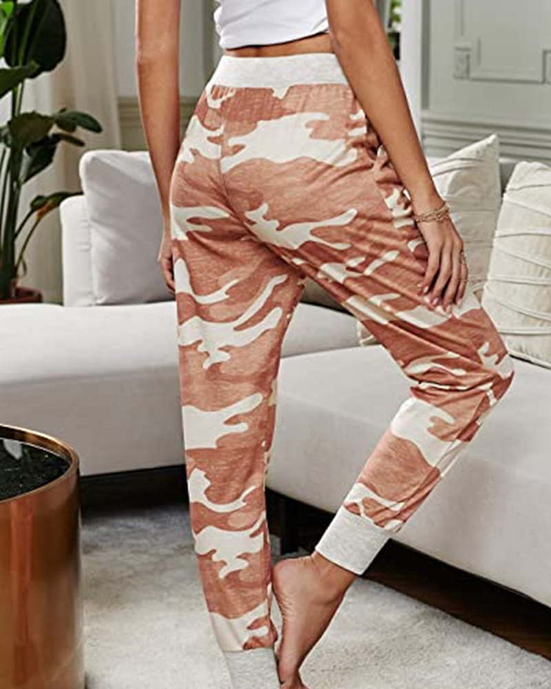 Camo Print Casual Joggerbyxor med dragsko